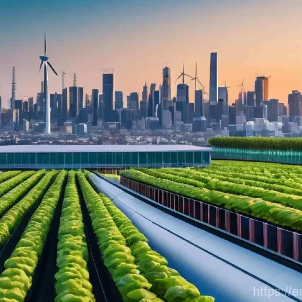 ESG 투자 트렌드 - **Prompt 1: Environmental Stewardship and Innovation**
A wide, cinematic shot of a bustling, mod...