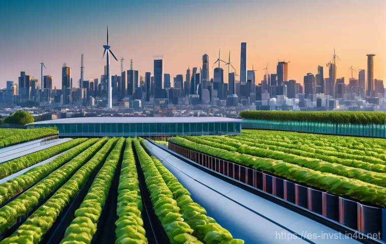 ESG 투자 트렌드 - **Prompt 1: Environmental Stewardship and Innovation**
A wide, cinematic shot of a bustling, mod...