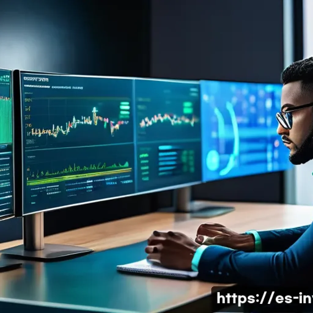 ICO와 IEO의 차이 - A modern digital art scene depicting a confident investor analyzing cryptocurrency charts on multipl...