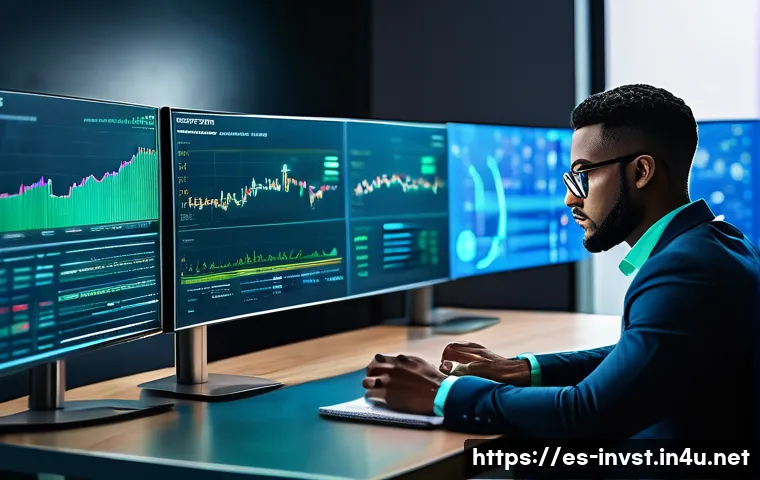 ICO와 IEO의 차이 - A modern digital art scene depicting a confident investor analyzing cryptocurrency charts on multipl...