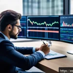 주식 매도 타이밍 잡는 법 - A sophisticated financial analyst sitting at a modern desk in a sleek office overlooking a city skyl...