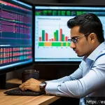 주식 선물 거래 기본 - A professional Hispanic trader in a modern, sleek home office in Mexico City, focused intently on mu...