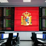 기술주 투자 시 유의점 - A sophisticated modern stock trading room in Madrid with large digital screens displaying fluctuatin...