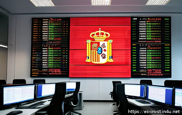 기술주 투자 시 유의점 - A sophisticated modern stock trading room in Madrid with large digital screens displaying fluctuatin...