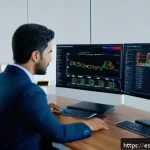 주식 종목 추천 신뢰도 확인법 - A professional financial analyst in a modern office setting, reviewing stock market charts on multip...
