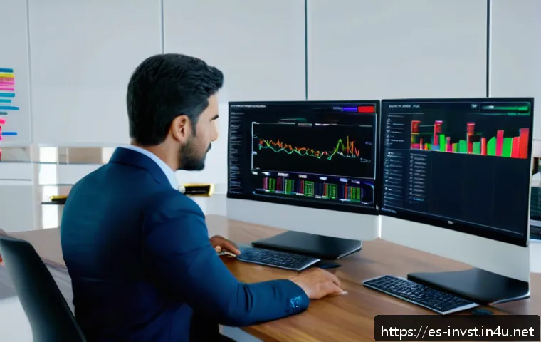 주식 종목 추천 신뢰도 확인법 - A professional financial analyst in a modern office setting, reviewing stock market charts on multip...