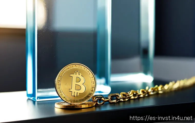 코인과 블록체인의 차이 - Photorealistic close-up of a blank golden digital coin resting beside a transparent chain of interco...